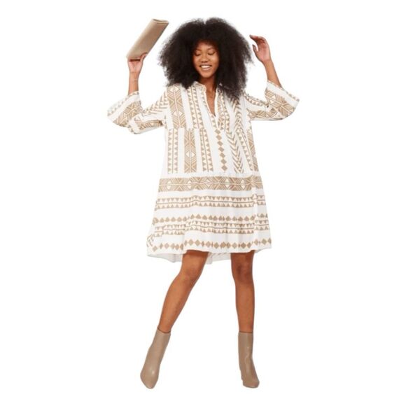 Silk and Salt The Perfect Sundress White Khaki Knit Tribal Print Mini 3/4 Sleeve - Picture 1 of 10